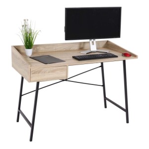 Moderner Schreibtisch MCW J97 in Eiche-Optik mit Schublade und schwarzem Metallgestell.