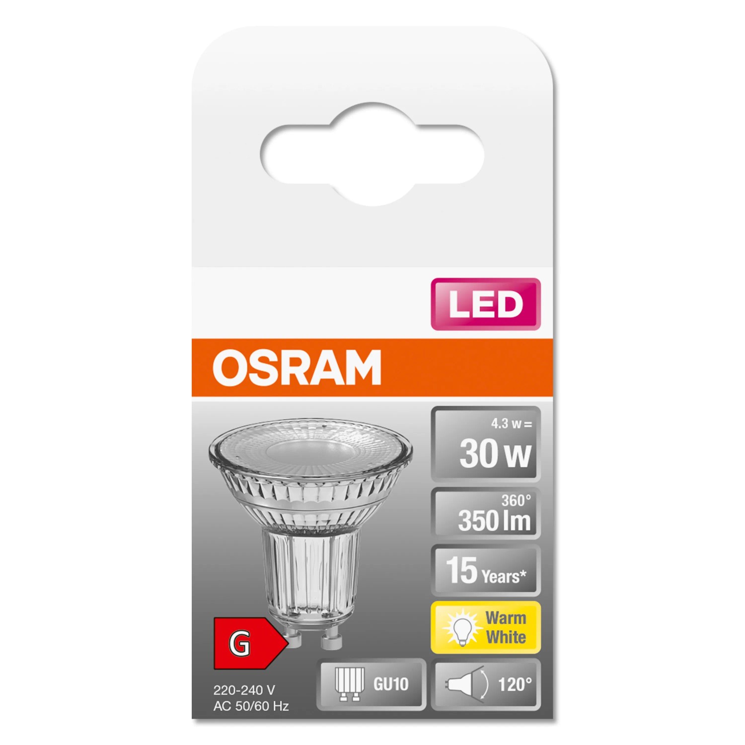 Osram GU10 LED-Lampe, 4,3W, warmweiß, 350 Lumen. Energiesparendes Leuchtmittel für Wohnräume.
