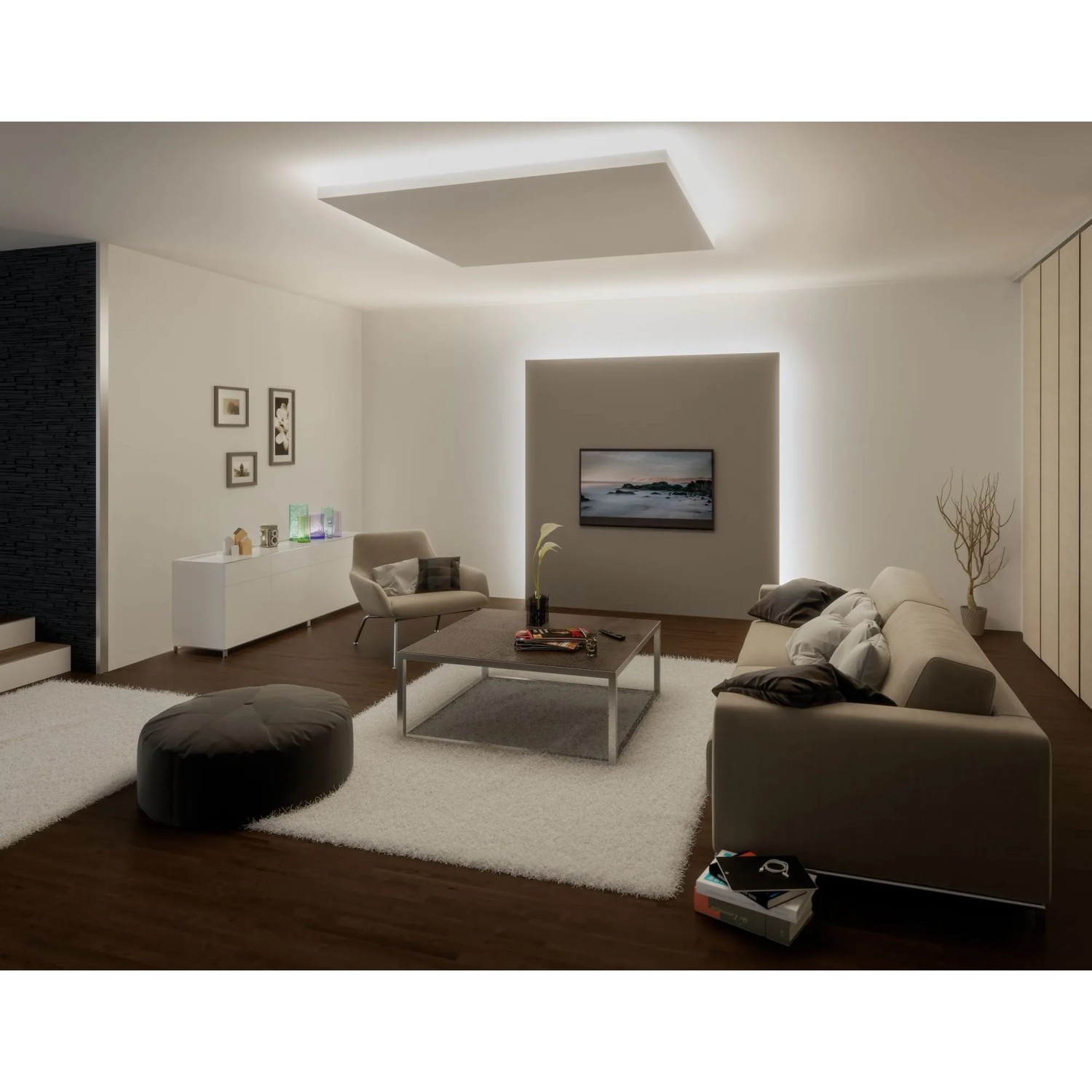 Paulmann MaxLED Power Supply in Wohnraum-Szene mit indirekter Beleuchtung.