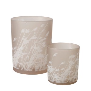 Boltze Home Windlicht Reedy 2er Set, beige, aus Glas mit Gräser-Motiv für den Innenbereich.