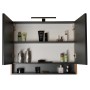 Offener Spiegelschrank des Badmöbel-Sets Cleo in Holzoptik Anthrazit mit LED-Beleuchtung und Badartikeln.