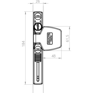 Technische Zeichnung der Burg-Wächter Winsafe WS 33, weiße Fenstersicherung mit Maßen.