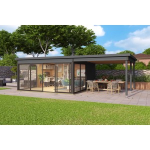 Lasita Maja Dachverlängerung Domeo 5, carbongrau, 300x418 cm, als Grillplatz am Gartenhaus.