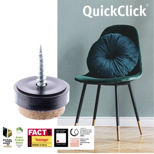 Wagner Filzgleiter QuickClick Syno Slim, 12-teilig, schwarz-braun, mit Stuhl im Hintergrund.