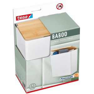 Tesa Baboo Aufbewahrungsbox Large, weißer Behälter mit Bambusdeckel, zur Wandmontage im Badezimmer.