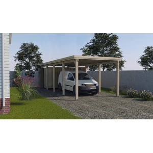 Weka Flachdach-Carport 617 Gr.3 mit PVC-Dachplatten, 322x802cm, mit geparktem Transporter.