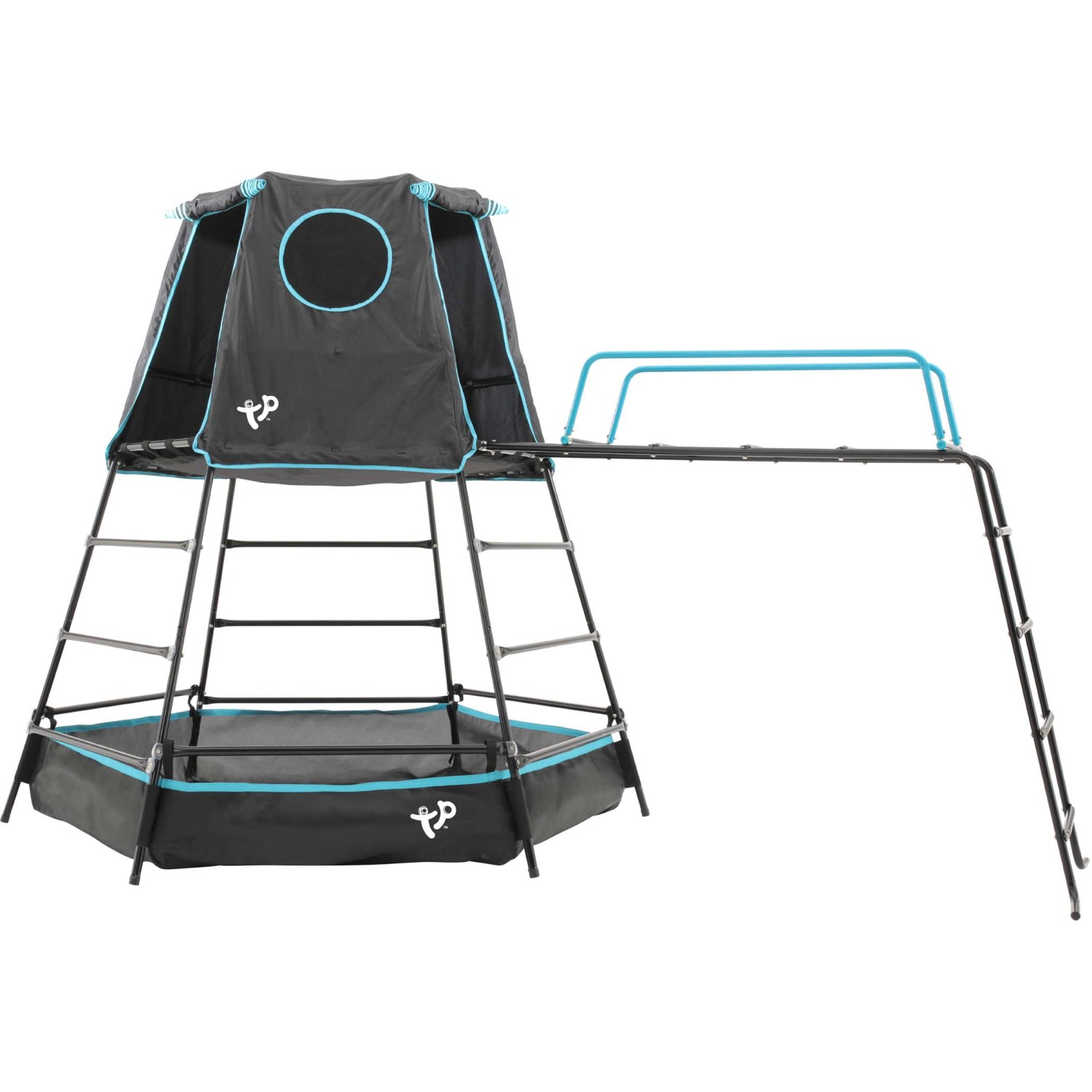 TP Toys Klettergerüst Explorer, schwarz mit Höhle, Sandkasten und Kletterwand.