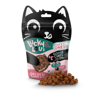 Lucky Lou Katzen-Trockenfutter Cubes Huhn & Gans, 80g Packung.