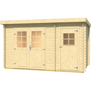 Weka Holz-Gartenhaus Brixen mit Flachdach, naturbelassen, mit Doppeltür und Einzeltür.