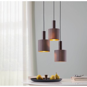 Moderne 3-flammige Eglo Hängeleuchte Concessa in Dunkelbraun, Cappuccino und Gold. Textil-Lampenschirme für E27 Leuchtmittel.