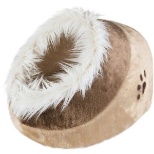 Beige-braune Jollypaw Kuschelhöhle Jacinto für Katzen, mit weissem Plüschrand und Pfotenabdruck.
