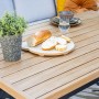 Elati Dining Ecklounge Set: Teak-Look Tischplatte, graue Kissen. Modernes 5-teiliges Gartenmöbelset.