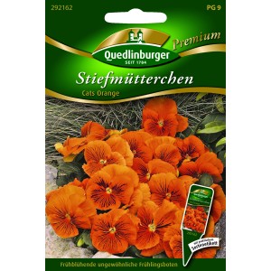 Samenpackung Quedlinburger Stiefmütterchen 'Cats orange' mit orangefarbenen Blüten und dunkler Zeichnung.