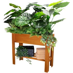 Holz-Hochbeet Green Box Light Kastanie, bepflanzt mit Grünpflanzen, mit Ablagefläche.