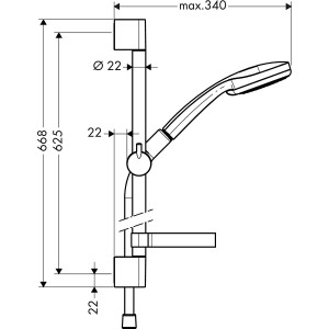Technische Zeichnung Hansgrohe Croma 100 Vario Brauseset Chrom mit Maßen und Details.