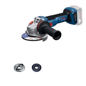 Bosch Professional Akku-Winkelschleifer GWS 18V-11 S mit Schleifscheibe, Zusatzgriff und Zubehör für Schleifarbeiten.