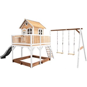 Axi Liam Spielhaus mit Doppelschaukel, Rutsche, Sandkasten, Holz, braun, weiß, grau. Ideal für Kinder.