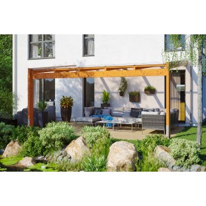 Skan Holz Terrassenüberdachung Novara, 557x259 cm, Eiche hell, mit Polycarbonat-Doppelstegplatten.