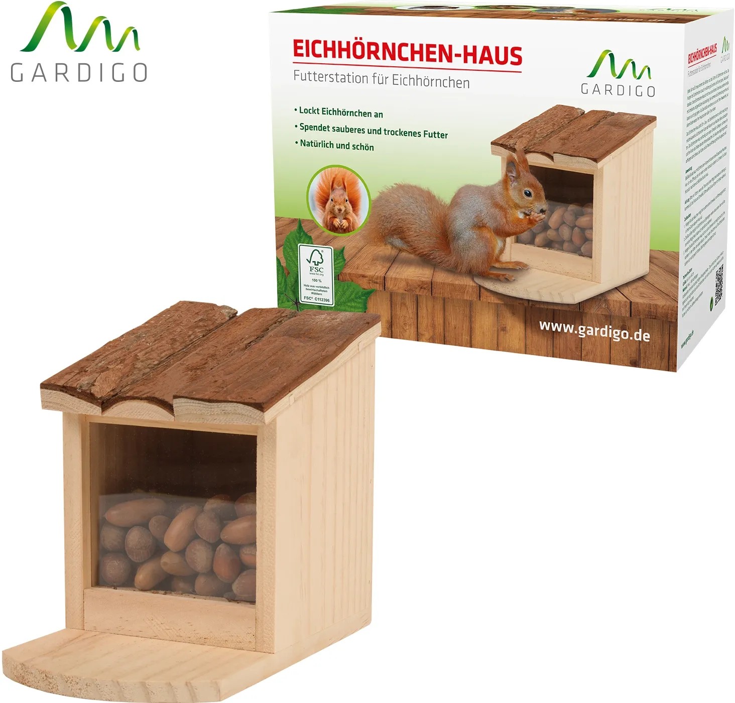GARDIGO Eichhörnchen Futterhaus Aus Holz - Wetterfeste Futterstation Mit Glas
