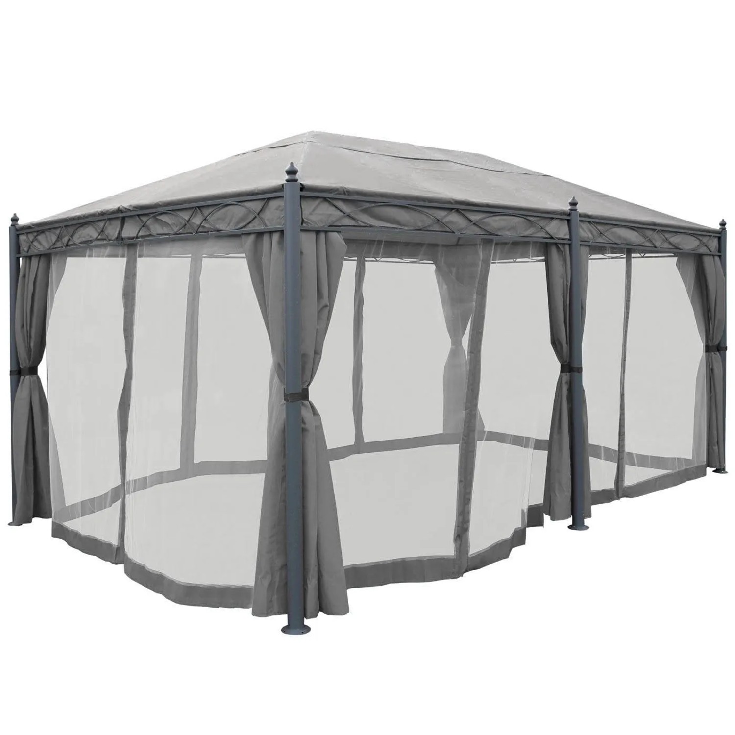 Graue MCW Pergola Calpe 5x3m mit Seitenwand und Moskitonetz.