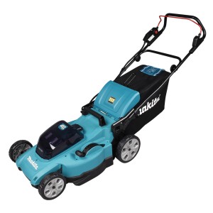 Makita Akku-Rasenmäher LXT DLM480CT2: Akku-Mäher in Türkis mit Fangkorb.
