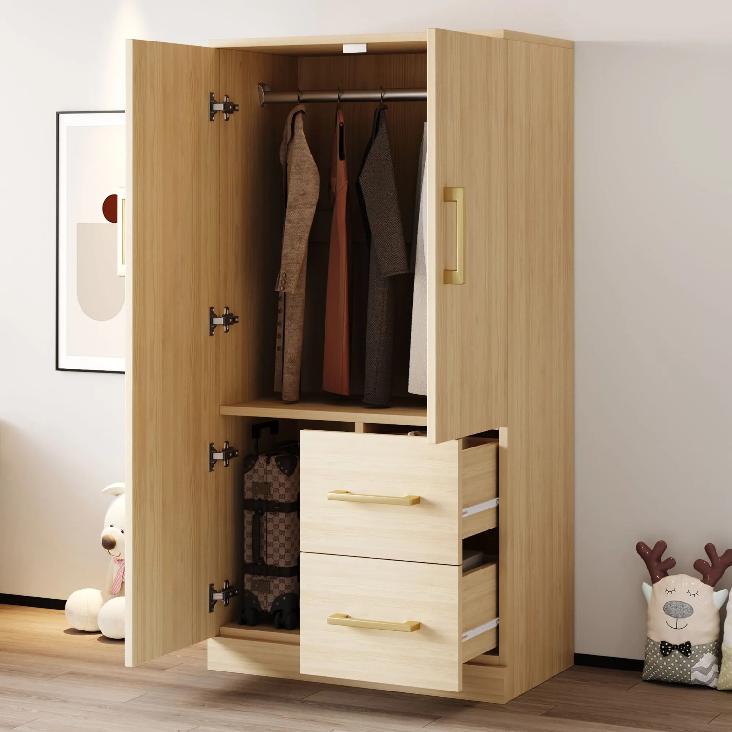 okwish Kleiderschrank mit Doppeltür Schubladen Staufächer Kinder 70x135x40cm Natur_2