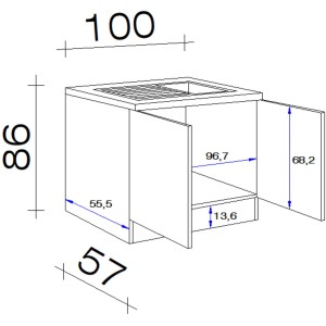 Skizze der Flex-Well Classic Miniküche Wito 100 cm in Weiß mit Maßangaben.