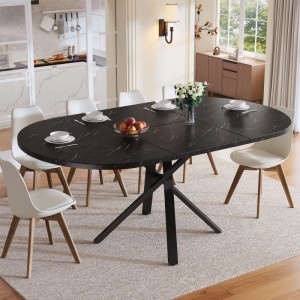 Schwarzer ovaler Ausziehtisch mit Marmoroptik, X-Metallgestell. Modernes Esszimmer, 100x100cm, ausziehbar auf 140cm.