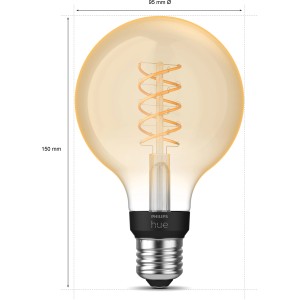 Philips Hue LED-Lampe E27 Filament G93, warmweißes Licht, dimmbar.