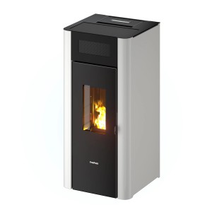 Freepoint Pelletofen Amaranto, Stahl weiß, 8,5 kW. Moderner Pelletofen mit Flamme im Brennraum.