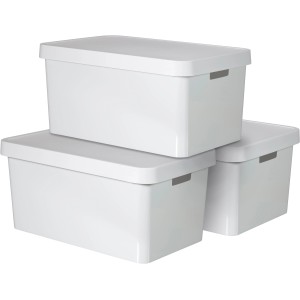 Curver Infinity Box 3er Set, 45L, Weiß. Aufbewahrungsboxen mit Deckel, gestapelt.