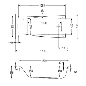 Skizze des Ottofond Whirlpool Atlanta Premium 170x70 cm mit Maßangaben.
