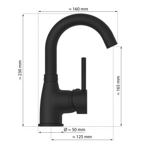 Eisl Waschtischarmatur Futura, Schwarz Matt, mit Maßangaben für Waschbecken. Modernes Bad-Design.