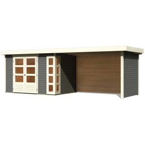Karibu Gartenhaus Sölve, terragrau, mit Flachdach und Anbau. Holz-Gartenhaus mit Doppeltür.