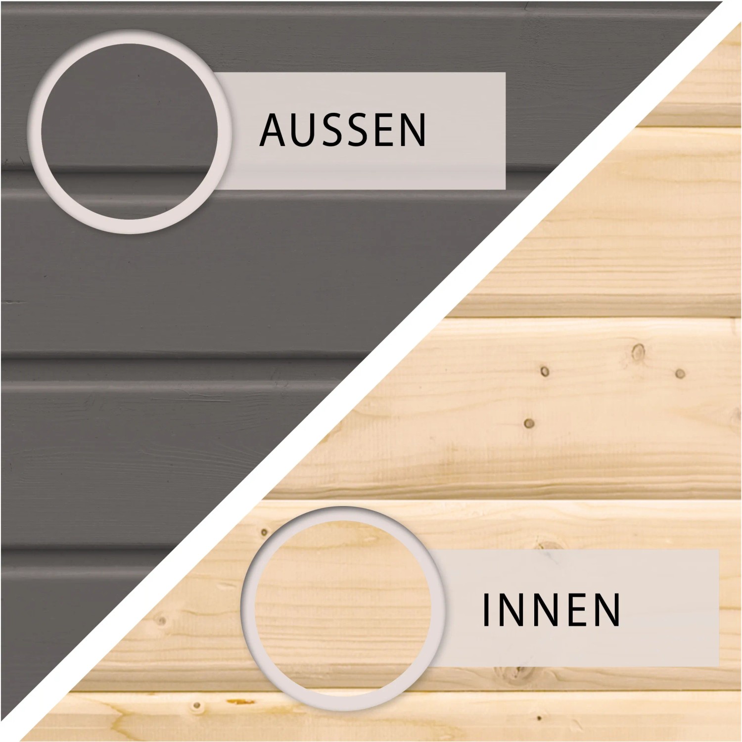 Farbmuster Karibu Stelzenhaus Benjamin: Terragrau (außen) und Naturholz (innen).