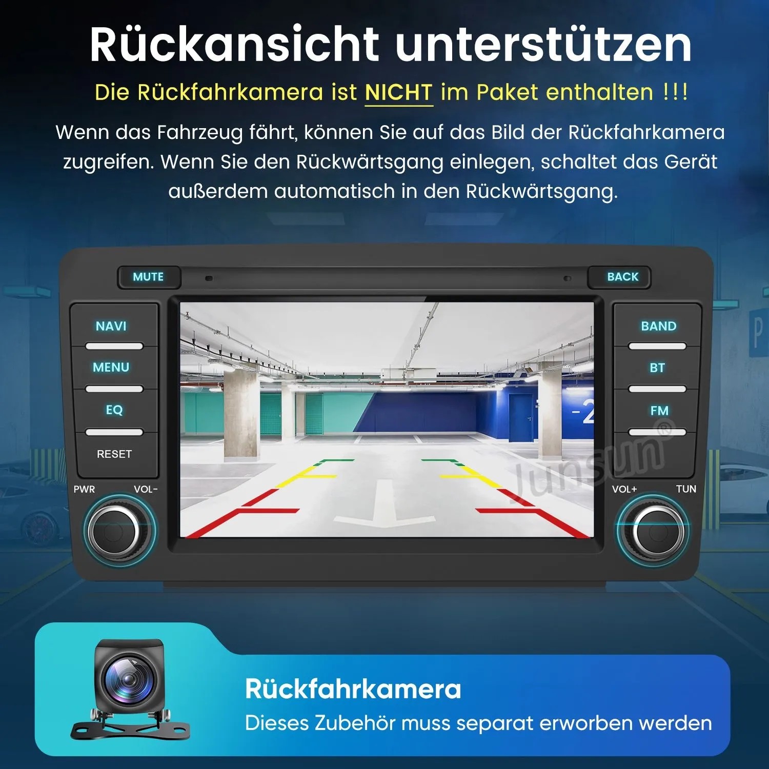 Junsun Autoradio Display zeigt Rückfahrkamera-Ansicht mit Parklinien im Parkhaus. Kamera separat erhältlich.