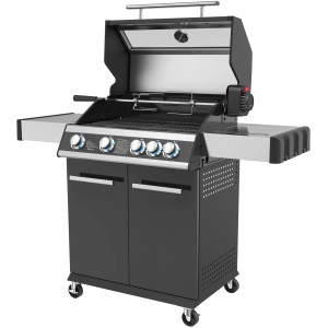 Schwarzer El Fuego Gasgrill Columbia mit Infrarotbrenner, Drehspieß und Sichtfenster.