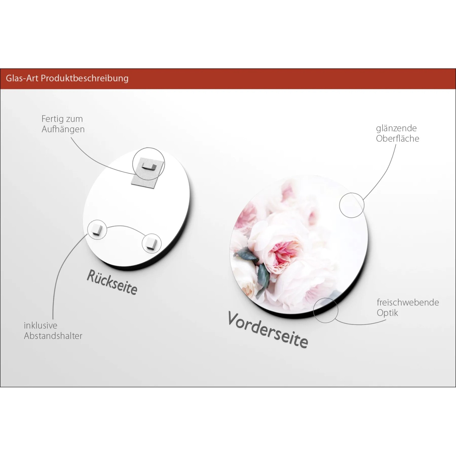 Glasbild Pink Flowers, 30x30 cm, zeigt Vorder- und Rückseite mit Aufhängung.