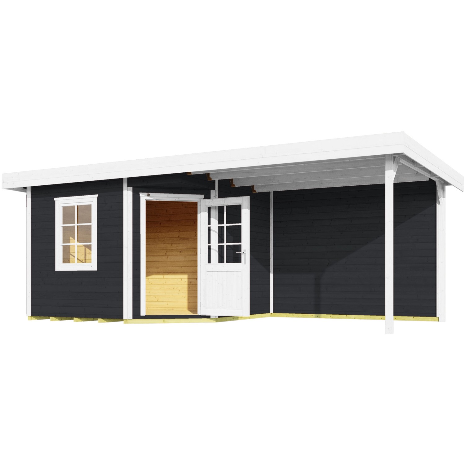 Modernes, anthrazit-weißes Weka Gartenhaus San Remo mit Terrasse und offenstehender Tür.