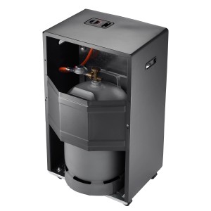 Schwarzer Rowi Gas Heizofen Blue Flame 4,2 kW mit Thermostat und Gasflasche.