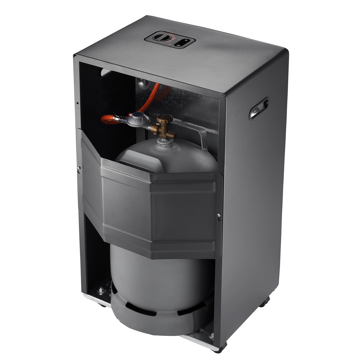 Schwarzer Rowi Gas Heizofen Blue Flame 4,2 kW mit Thermostat und Gasflasche.