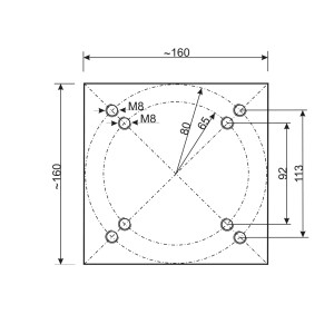 Bohrbild der Montageplatte für Schneider Universal-Bodendübel für Ampelschirme, Maße ca. 160x160mm.