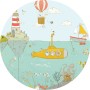 Runde Vliesfototapete mit Unterwasserwelt-Motiv: U-Boot, Leuchtturm, Heißluftballon und Meerestiere.