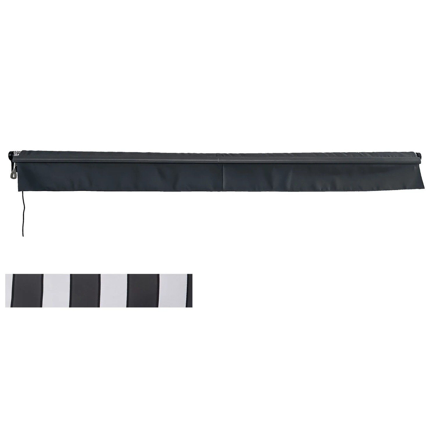 Eingerollte, hellgrau gestreifte Garden Pleasure Gelenkarmmarkise, elektrisch.