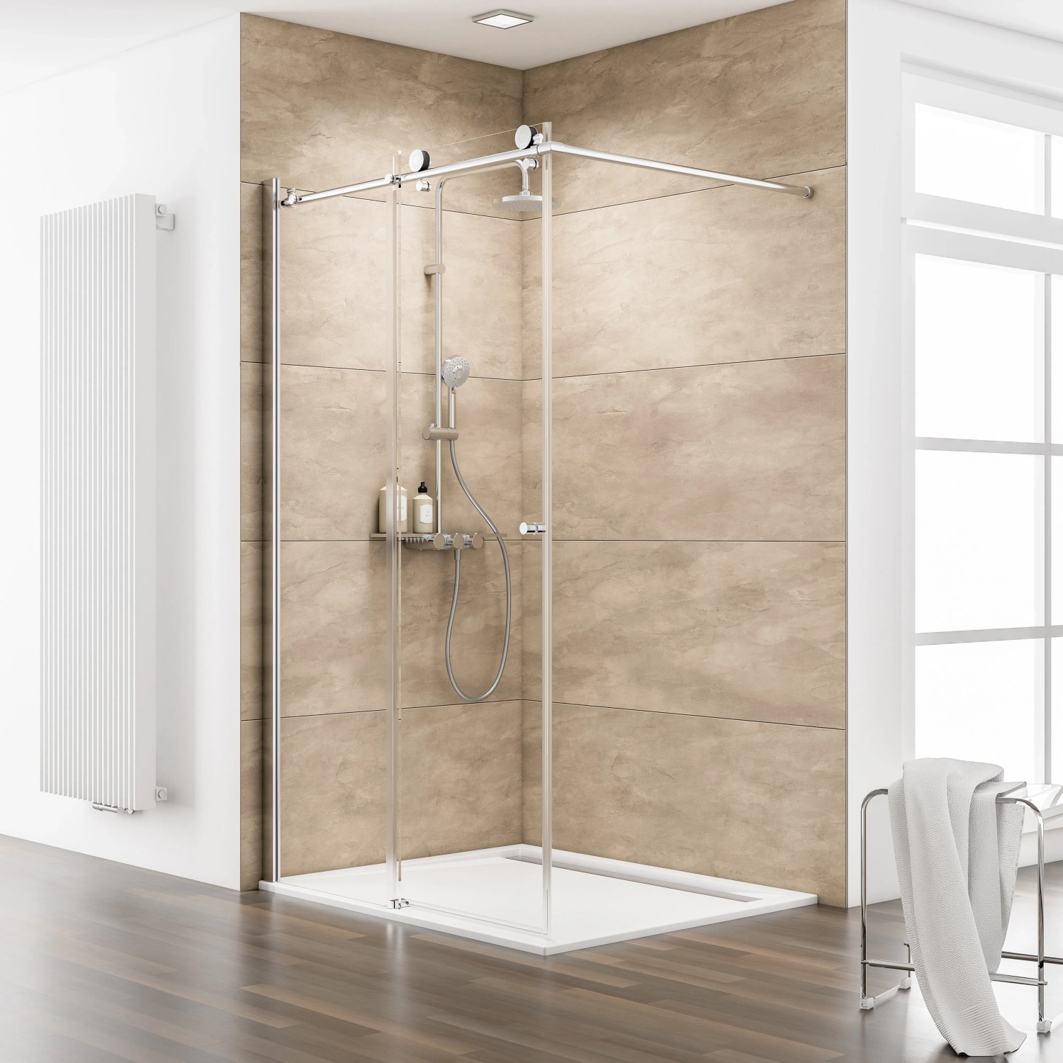 Schulte MasterClass Walk In Dusche mit Echtglas, Chromoptik, Festteil rechts.