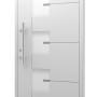 Moderne, weiße Aluminium-Haustür Moderno M330/P mit Edelstahlgriff und Glaseinsätzen.