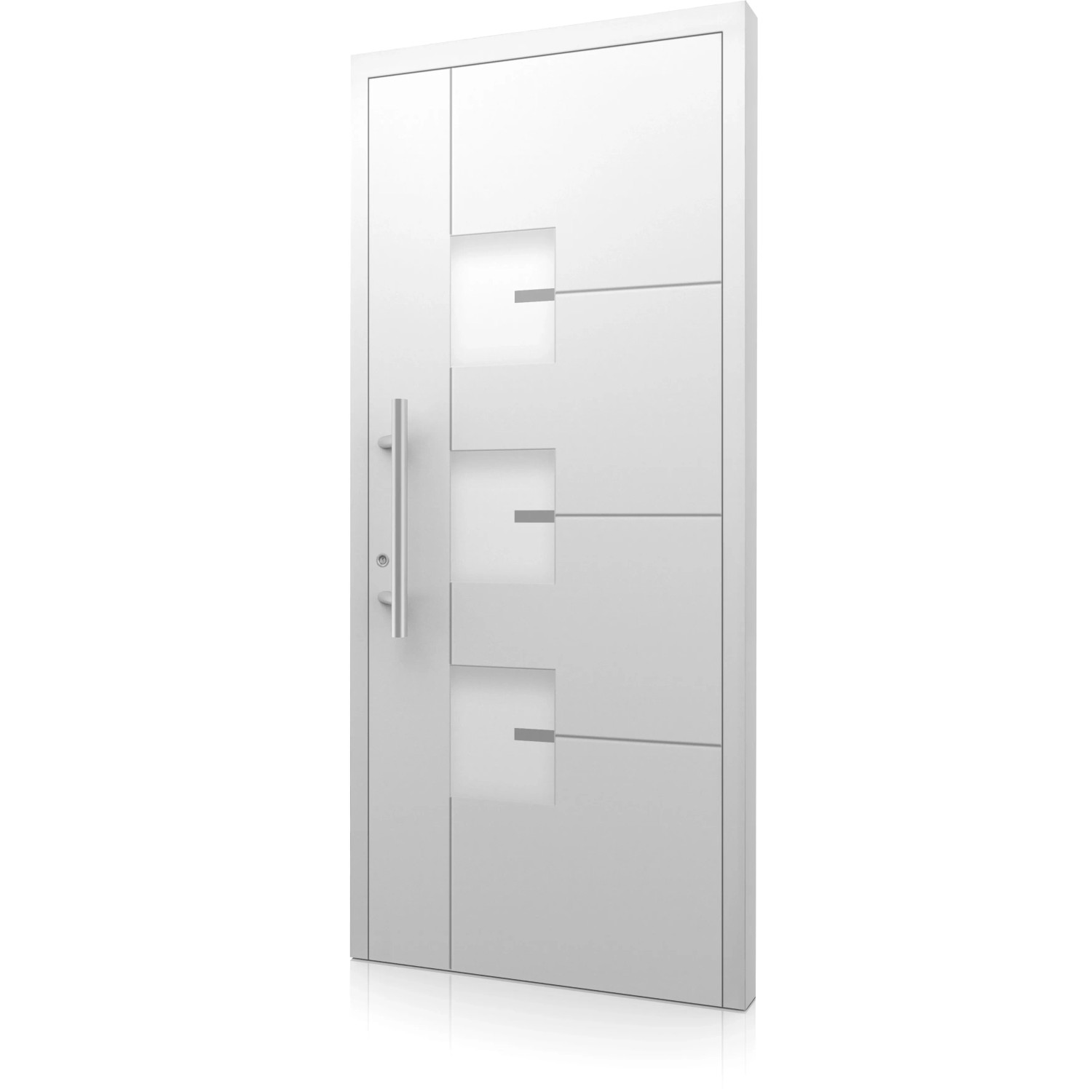 Moderne, weiße Aluminium-Haustür Moderno M330/P mit Edelstahlgriff und Glaseinsätzen.