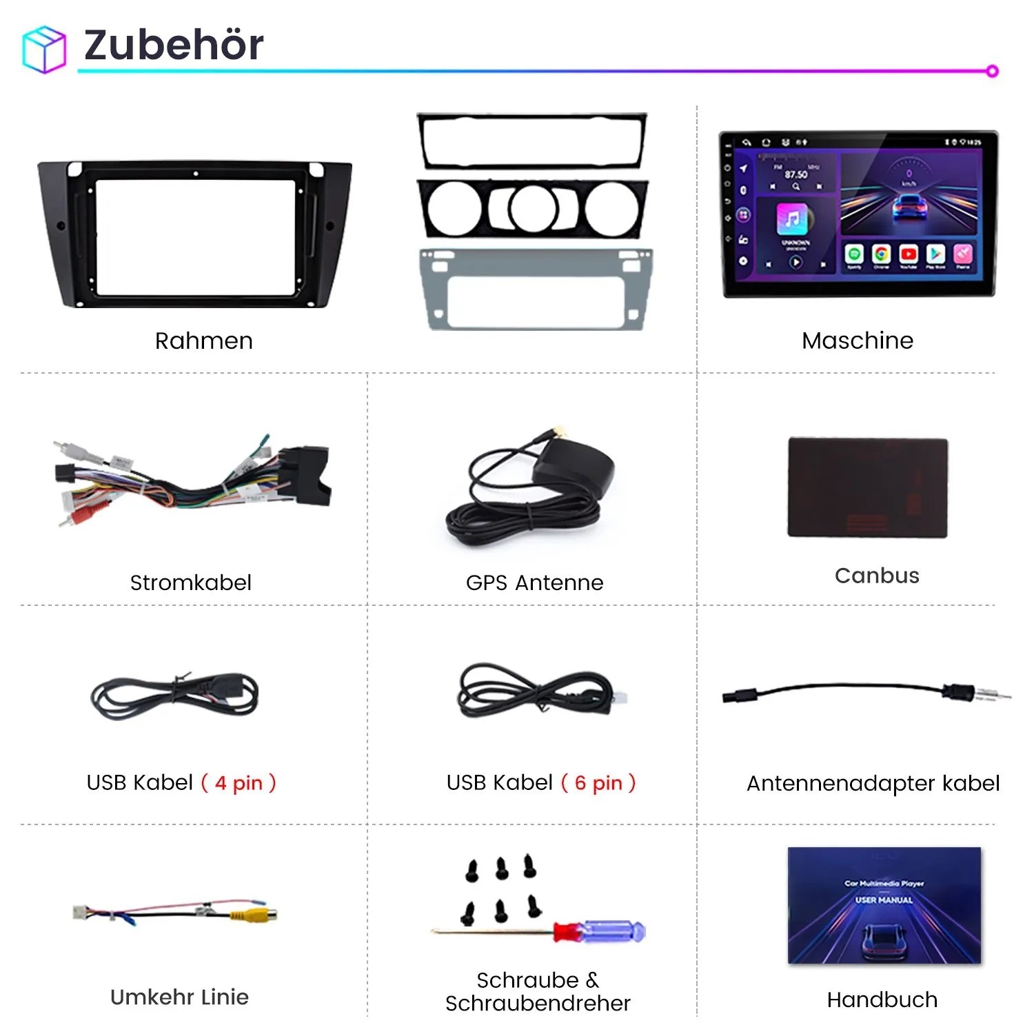 Zubehör für Junsun 9 Zoll Autoradio BMW E90 E91 E92: Einbaurahmen, Display, Stromkabel, GPS-Antenne, Canbus, Schrauben, Handbuch.