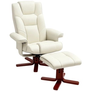 HOMCOM Relaxsessel mit Hocker Kunstleder Holz Cremeweiß 84B x 84T x 104H cm