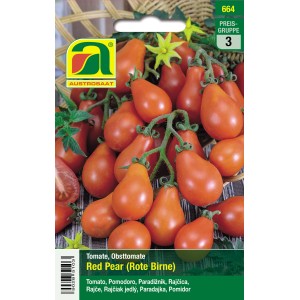 Saatgut Tomaten 'Red Pear': Birnenförmige, rote Tomaten auf der Packung.